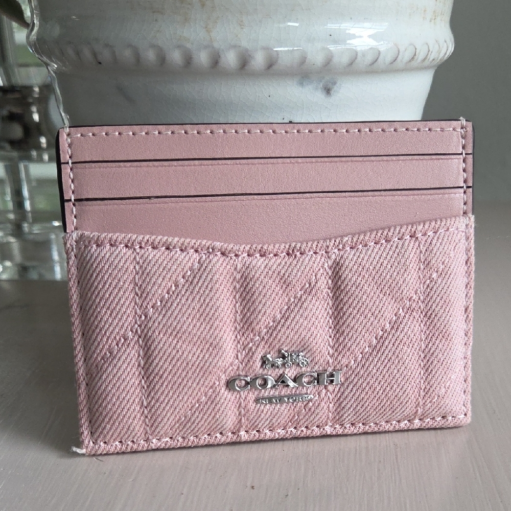 Coach Pink Denim Quilted Card Case - Picture 1 of 6